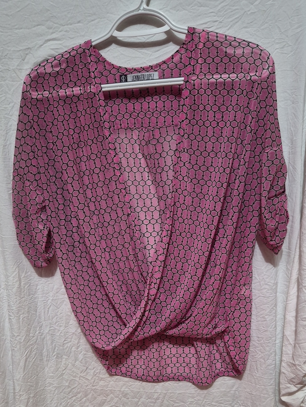 Jennifer Lopez Pink Geometric Surplice Blouse